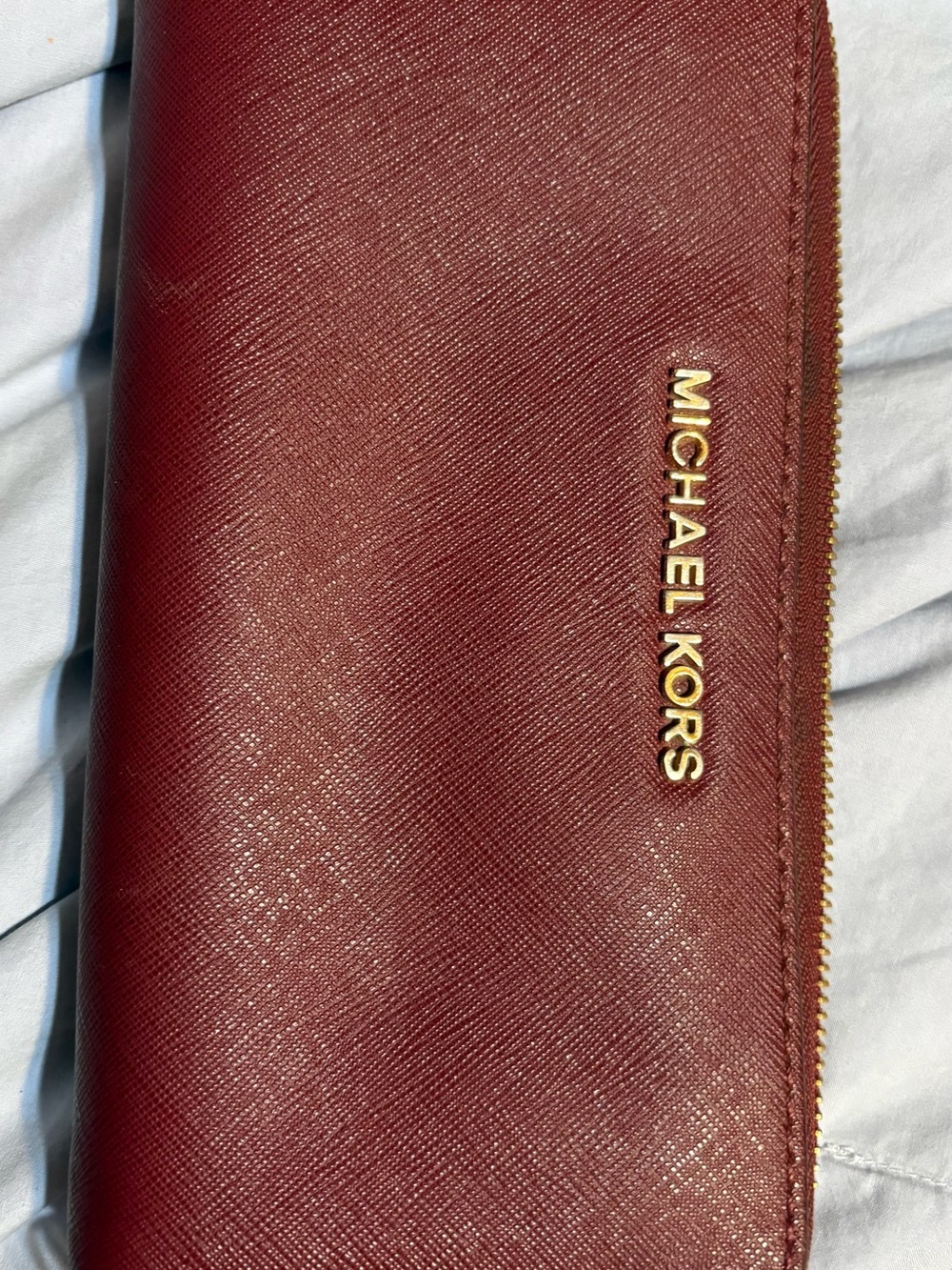 Michael Kors Men's Zip Wallet in Burgundy with Gold Logo